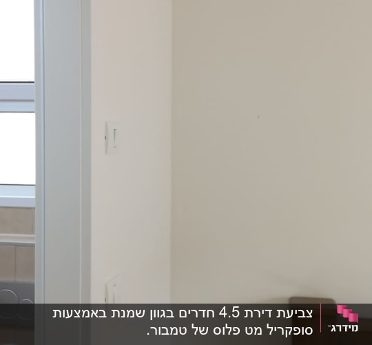 קיר צבוע בלבן ליד דלת וחלק ממיטה